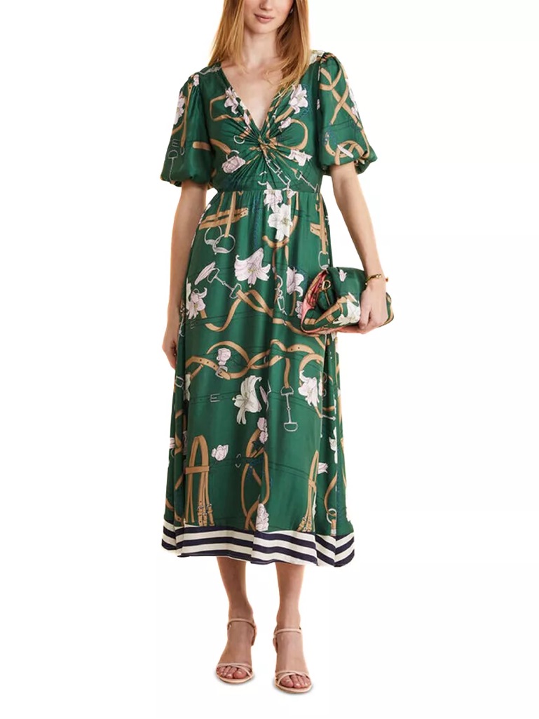 Vineyard Vines Kentucky Derby Silk Blend Green Scarf Print Equestrian Midi Rare